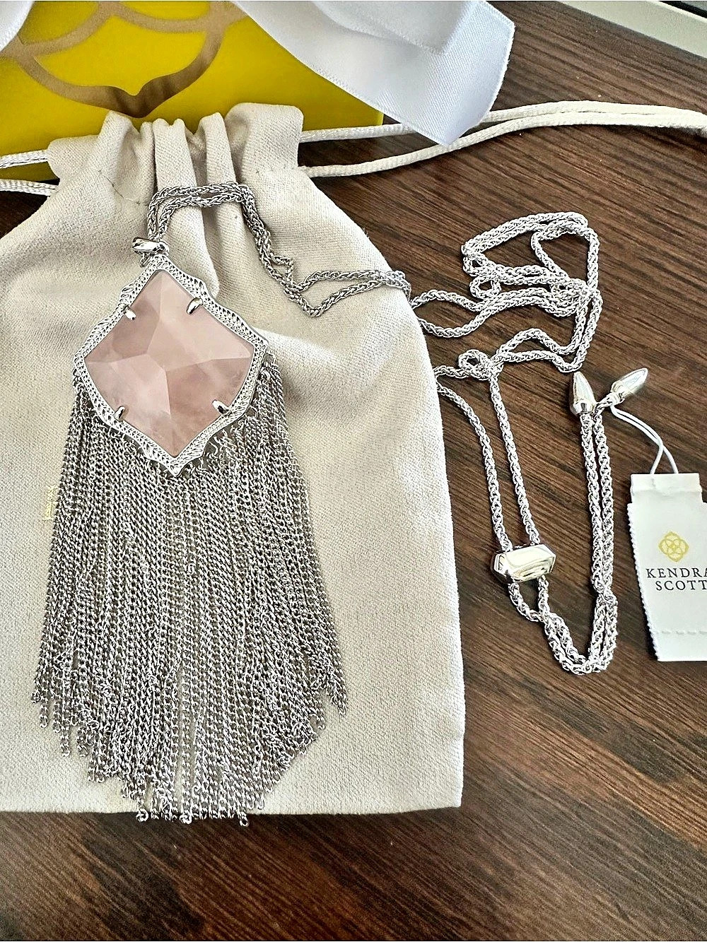 NWT Kendra Scott Kingston Long Fringe Pendant Necklace Rhodium Silver Pink